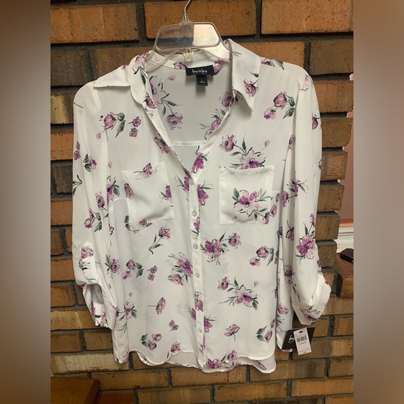 by & by Tops - By & By White and Pink Notched Collar Button Down Shirt